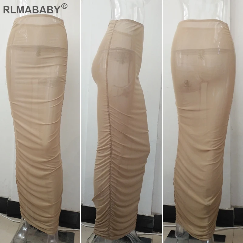 Летние rlmababy пляжные вечерние пикантные сетчатые юбки прозрачные длинные макси Прозрачные юбки Высокая Талия Ruched прозрачные Клубные юбки красного цвета