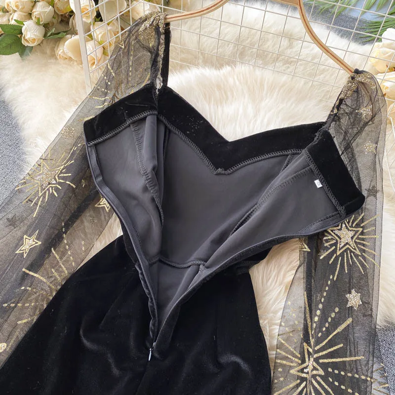 

Spring Autumn Vintage Velvet Women's Dress Femme Robe Ladies Mesh Gauze Puffy Sleeve Stitching Star Sequin Black Dress 2021 F195
