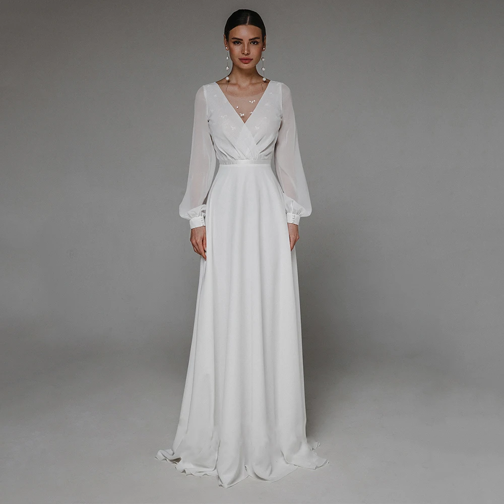 

Simple White Chiffon Wedding Gown A Line V Neck Thin Formal Civil Long Sleeve Bridal Dresses Small Train Stylish Robe De Mariage