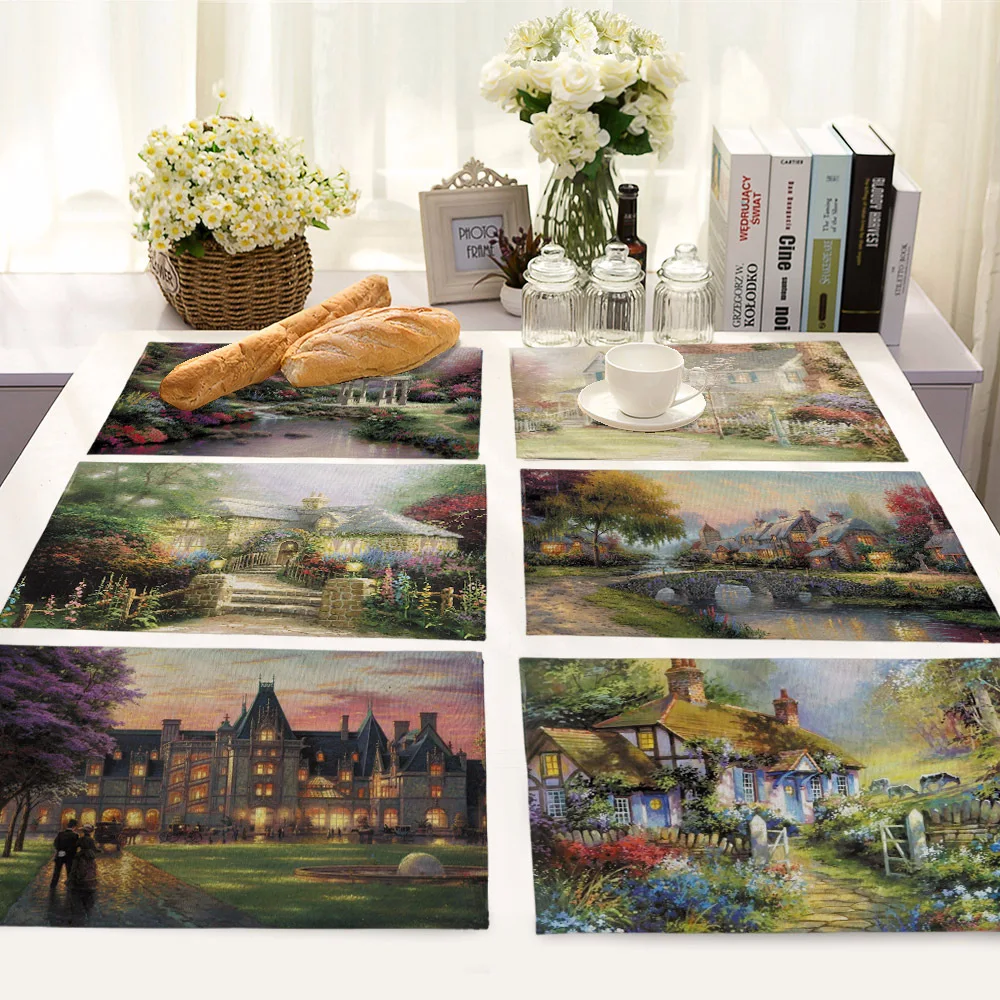 

American Pastoral Countryside Pattern Table Placemat for Dining Table Cotton Linen Table Mat for Kitchen Table Placemats Coaster