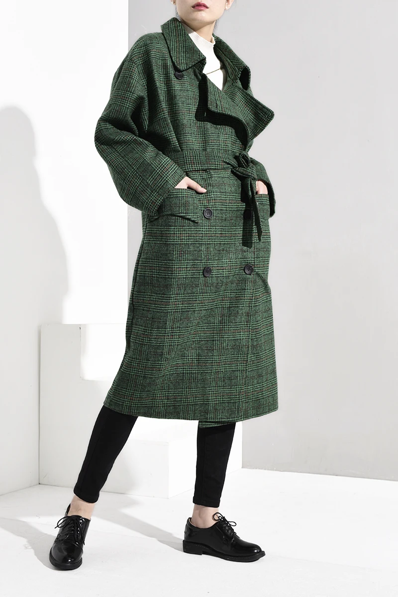 LANMREM 2018 модное осеннее двубортное повседневное свободное зеленое клетчатое