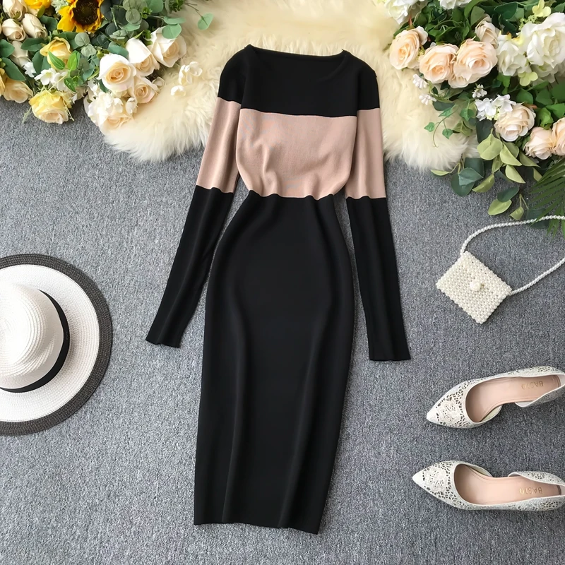 Fitaylor женское облегающее трикотажное платье Осеннее элегантное с длинным рукавом