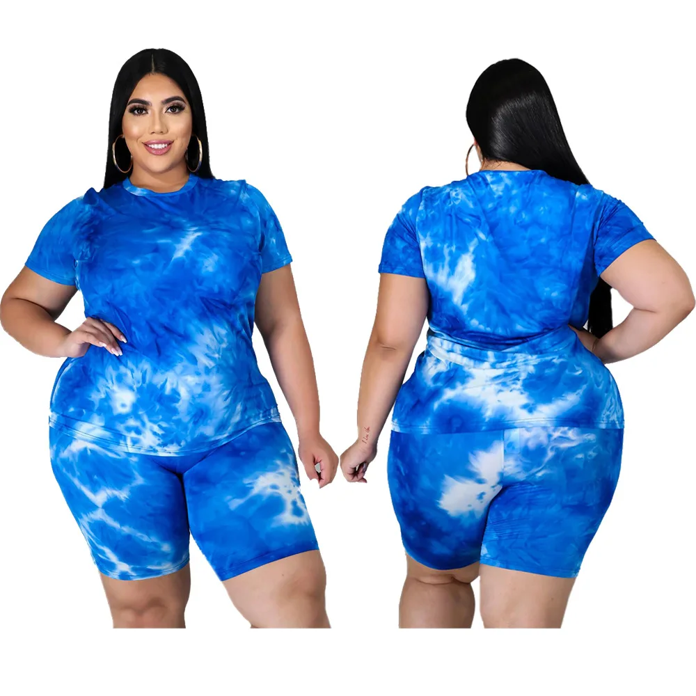

Tie Dye Print Women 2 Pcs Shorts Sets Sports Breathable Large Fitness Suit Plus Size 4xl 5xl