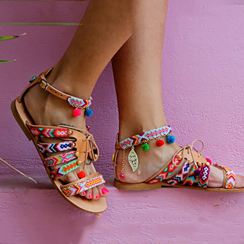 Босоножки женские в богемном стиле повседневные этнические пляжные туфли на