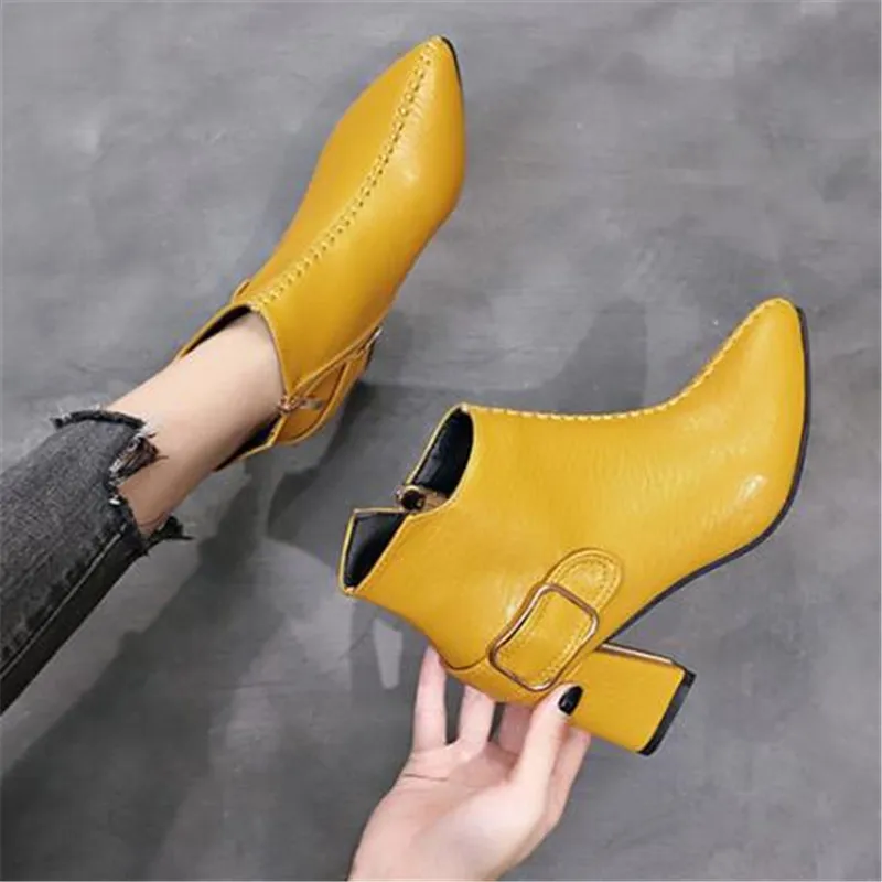 Женские ботинки на высоком каблуке Желтые Модные ботильоны в стиле ретро женская