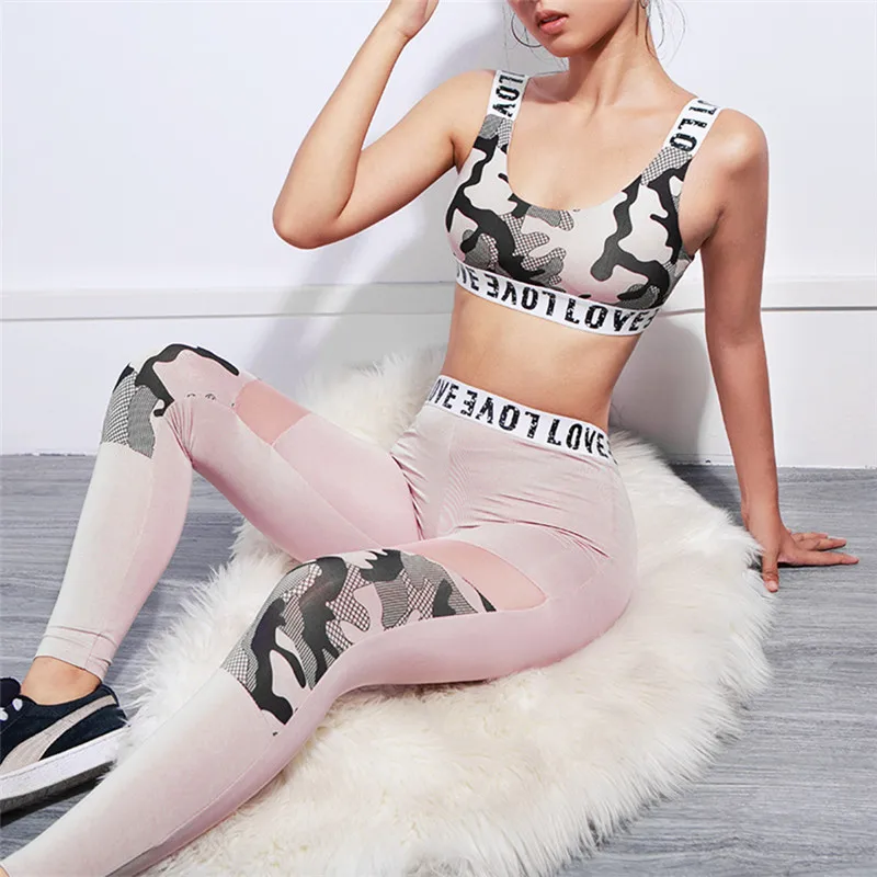 

TaoBo Mesh Stitching Camouflage Printed Yoga Suit Gym Leggings Sports Bra Set Workout Clothes for Women Fitness Sport Suit Femme
