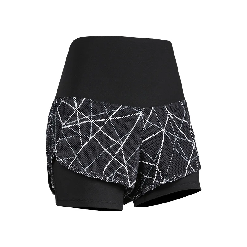 

2020 Autumn Women Gym Double Running Yoga Shorts Hi Waisted Spandex Geometric Pattern Exercise Training Sports Workout Shorts