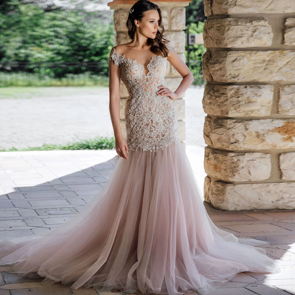 

Женское длинное свадебное платье с юбкой-годе, длинное платье с круглым вырезом, аппликацией на плечах, жемчужинами и пуговицами, 2020