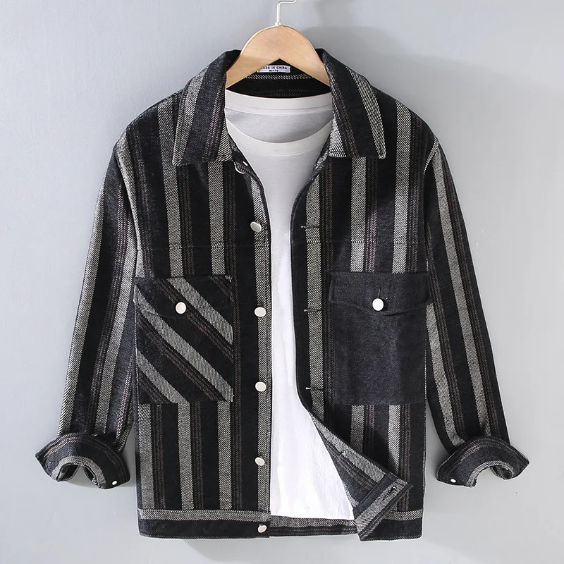 

86021 Casual Vertical Striped Cargo Jacket Japan Style Retro Fashion Urban Thicken Cotton Irregular Double Pocket Lapel Coat