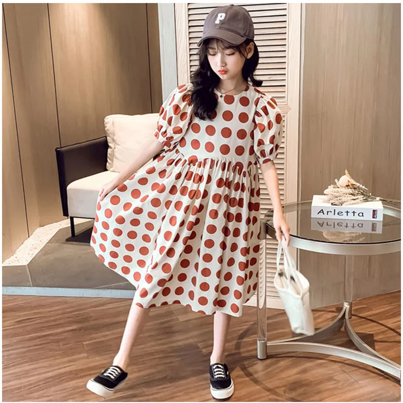 

2021 Kids Dress Elegant Puff Sleeve Dot Teenager Girls Dress Children Long Summer Dress Girl Clothes 6 8 10 12 14 16 Years