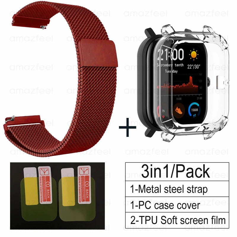 red-Transparen 3в1 Для Amazfit GTS ремешок+ ТПУ чехол для Huami Amazfit gts Smartwatch Защитная пленка для экрана браслет ремешок на запястье - Цвет: red-Transparen