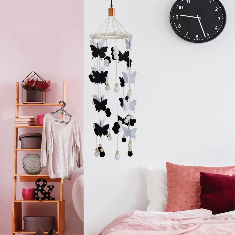 Carill&oacute;n de viento para cuna de beb&eacute;, Bola de Pelo de mariposa, sonajero, colgante para cuna de reci&eacute;n nacido, decoraci&oacute;n para habitaci&oacute;n G2AE-4