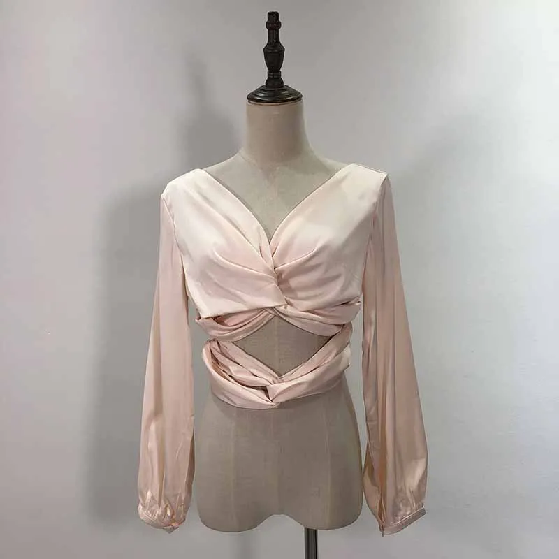 Женская атласная блузка с открытой спиной осень 2019|Блузки| |