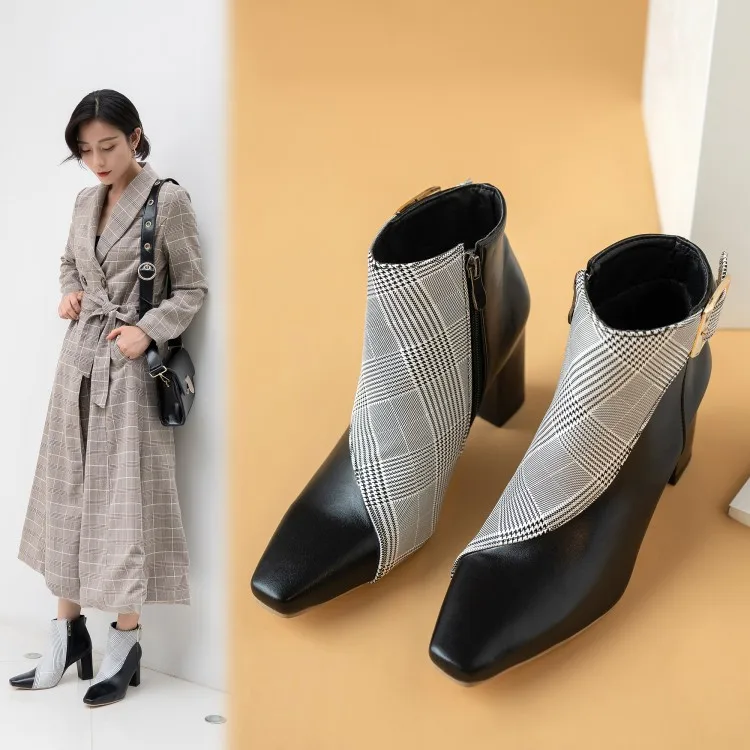 

ASHIOFU New Arrival Ladies Chunky Heel Boots Two-tones Buckle Strap Party Prom Ankle Boots Club Fashion Daily Wear Boots Shoes