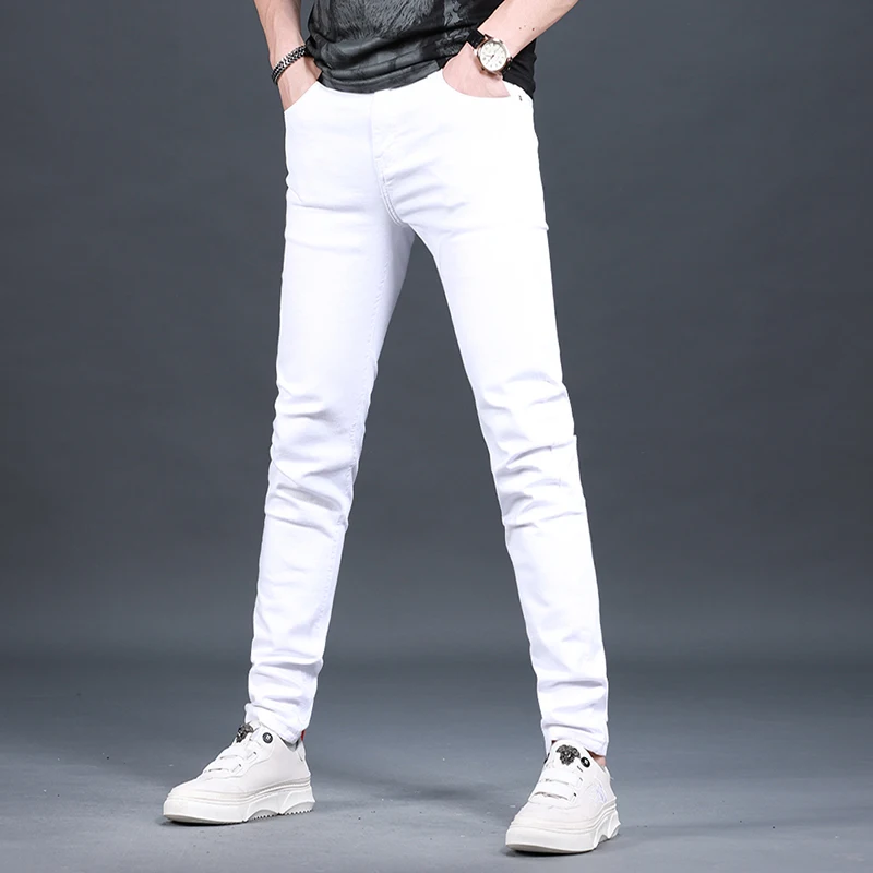 Summer Men's Slim Fit White Jeans Fashion Korean Style Cotton Lightweight Denim Pants