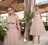 hot sale pink a line evening dresses sweetheart appliqued tulle short prom party gowns tea length formal dress vestidos de festa