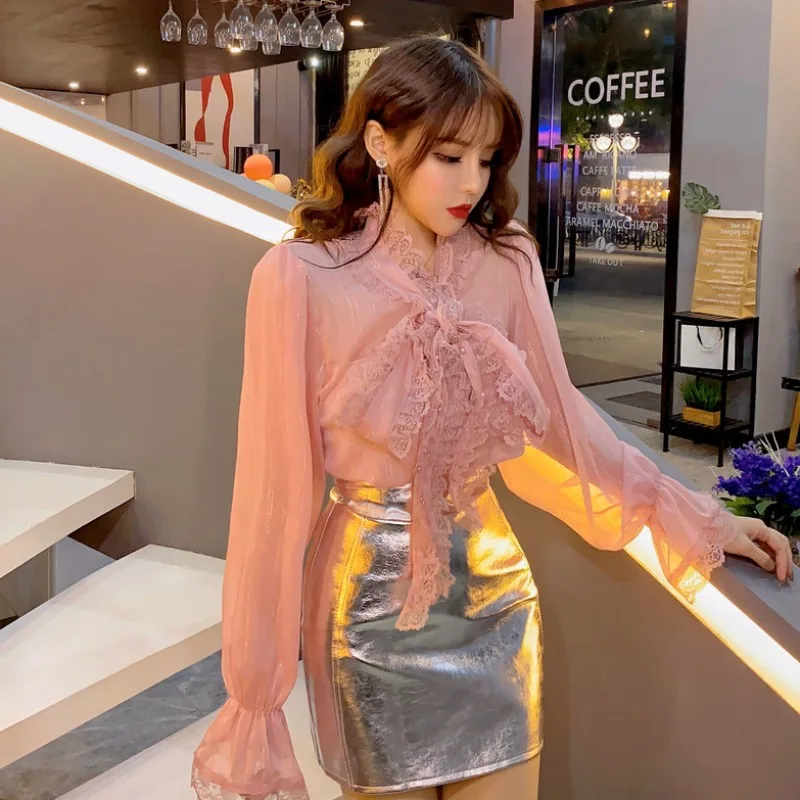 Женские весенние шифоновые розовые рубашки с бантом Корейская одежда модные