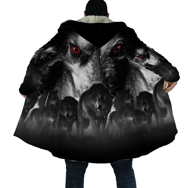 The latest winter men's cloak beautiful animal love wolf 3D printing full fleece hooded jacket unisex thick warm cloak jacket