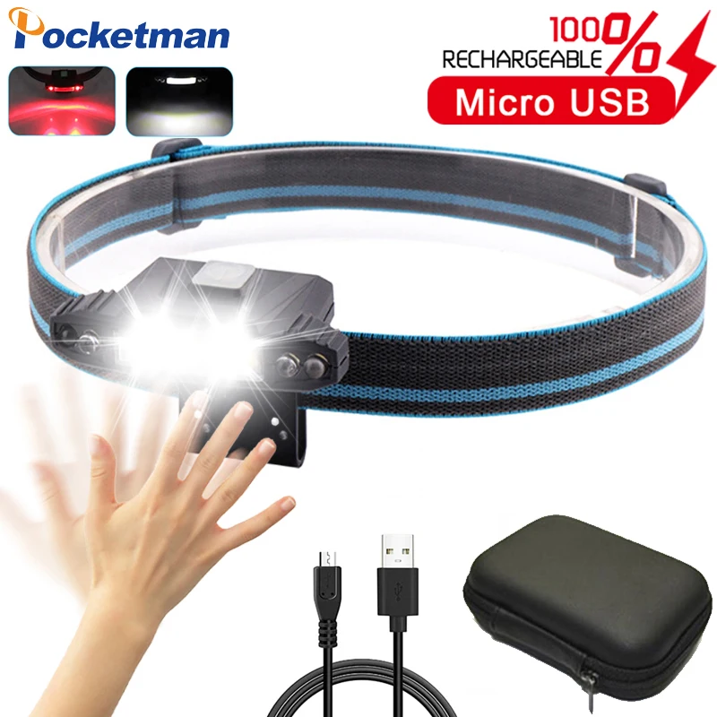 

LED Headlamp Body Motion Sensor Headlight USB Rechargeable Head Torch Cap clip light Night Camping Lamp With Red Light
