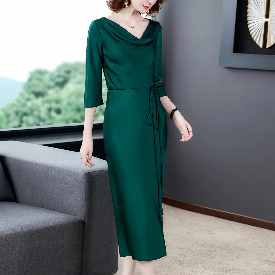 Женское атласное шелковое платье с v-образным вырезом винтажное зеленое тонкое