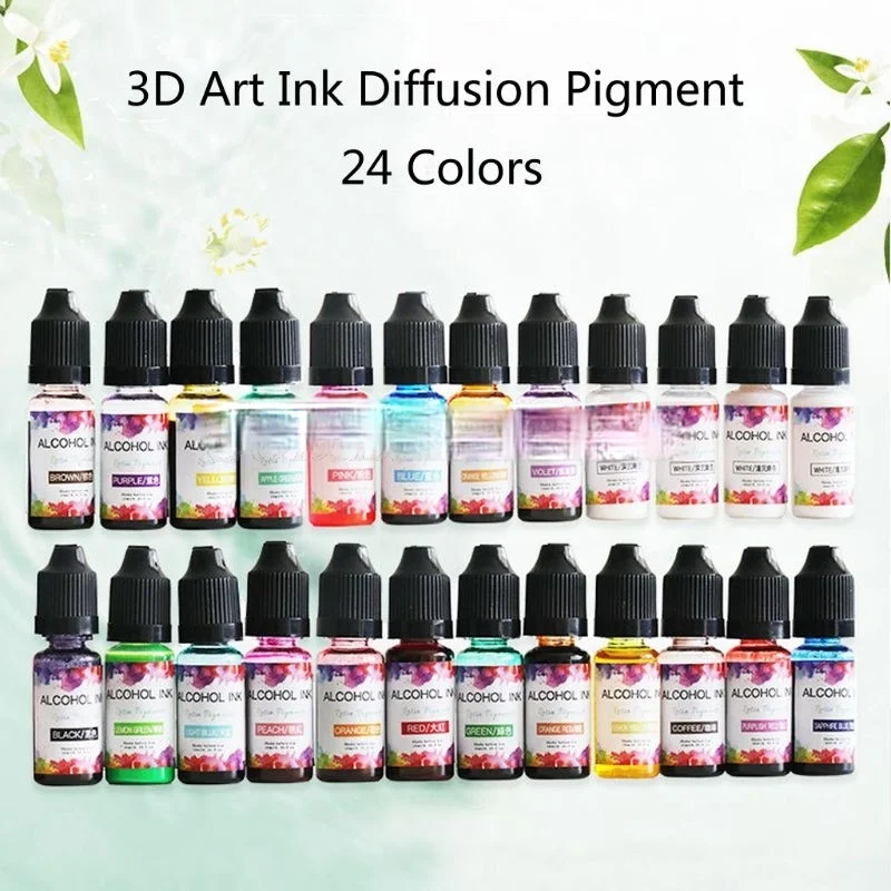 

24 Colors 10ML Art Ink Alcohol Resin Pigment Kit Liquid Resin Colorant Dye Ink Diffusion UV Epoxy Resin Jewelry Making