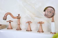 antique red copper brass widespread three handles deck mounted 5 holes bathroom tub faucet mixer tap with handshower mtf217