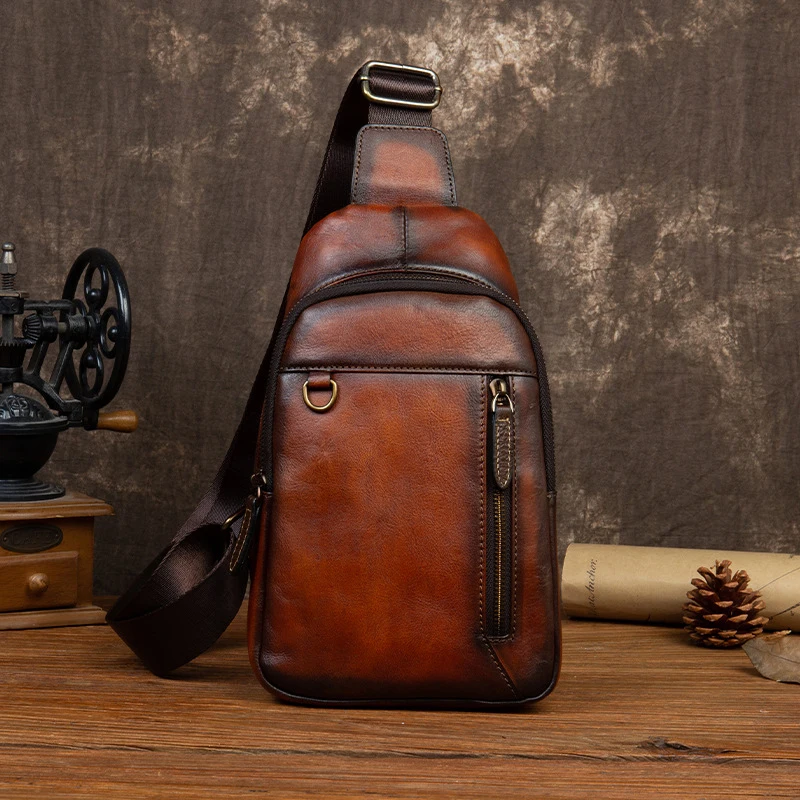 

Мужской рюкзак-слинг из натуральной воловьей кожи, ранец в стиле ретро для путешествий, нагрудная сумка через плечо из натуральной кожи