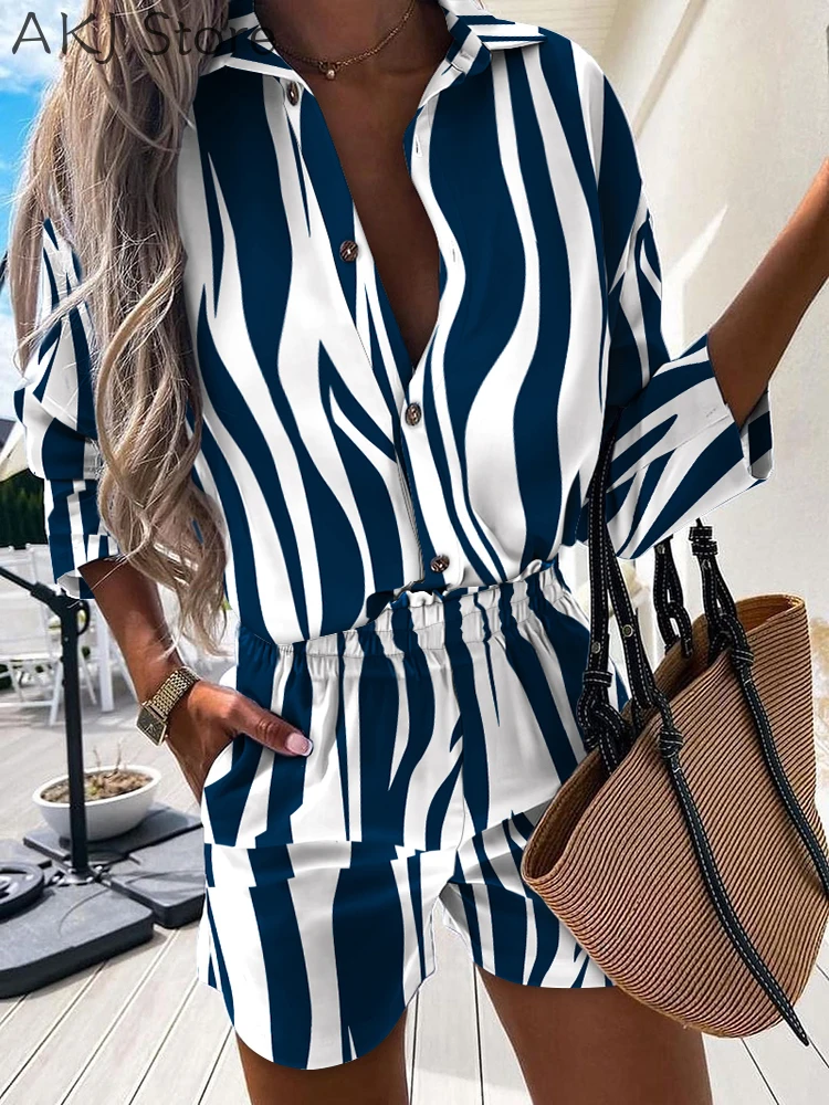 Women 2 Pieces Stripped Shirt & Skinny Shorts Set Lady Overalls