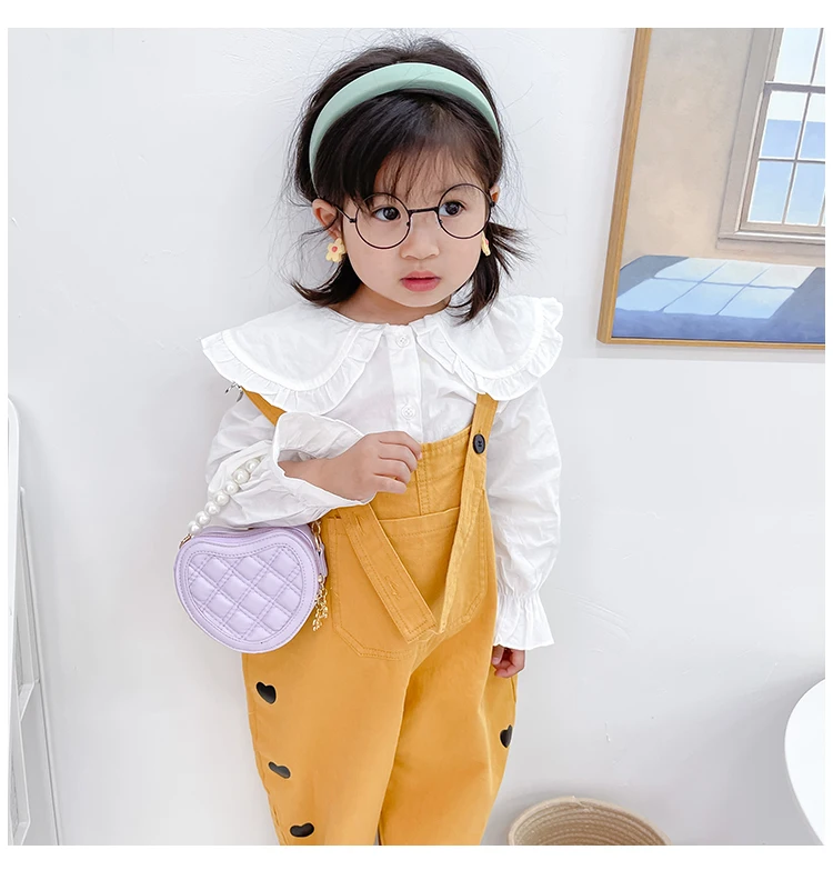 Children's Small Round Crossbody Bag Fashion Baby Girls Mini Heart Shoulder Bags Pearl Chain Kids Coin Purse Handbags Wallet