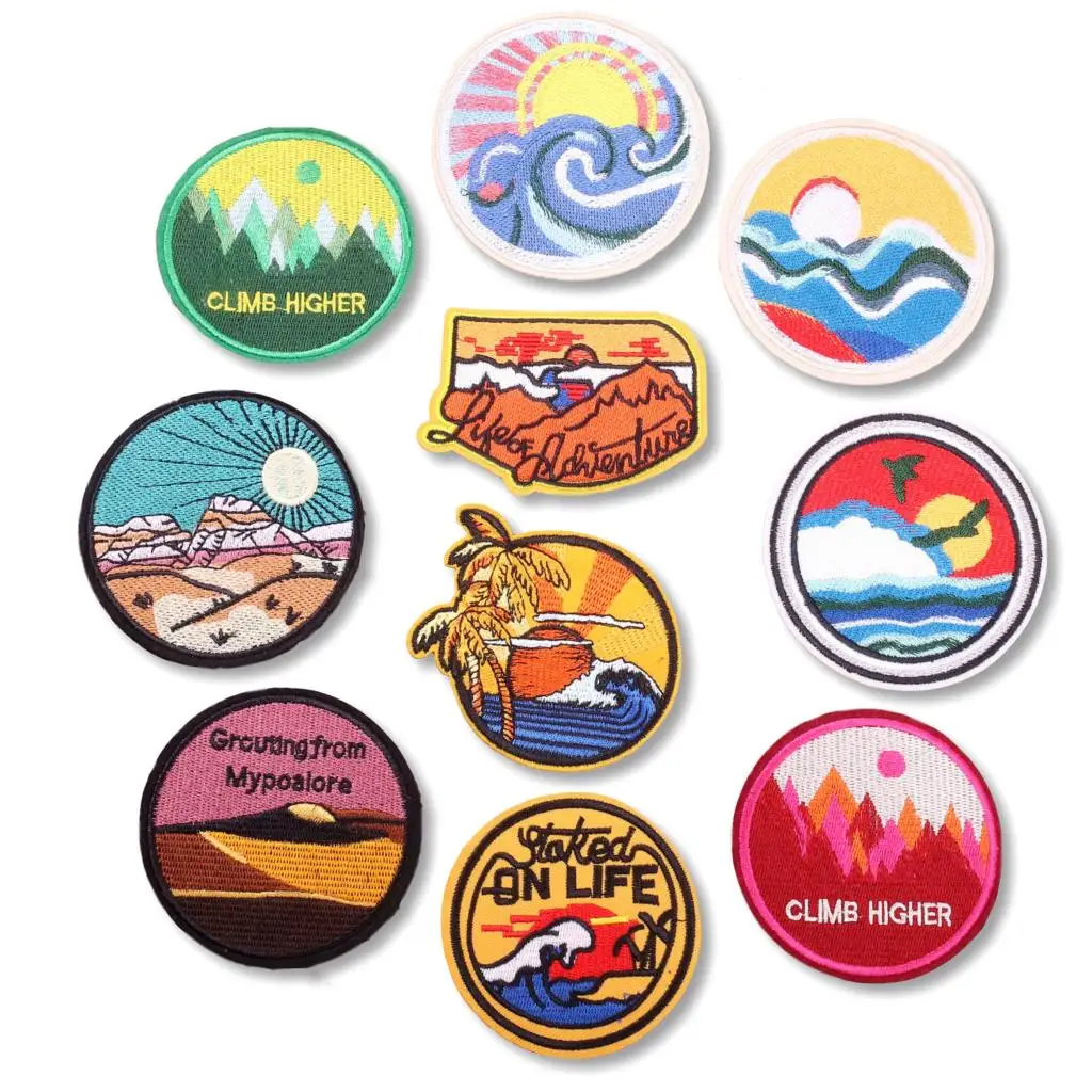 

Sunrise Dusk Mountain Peak Embroidery Cloth Stickers Landscape Climb Higher Camp Iron Sew Patch Clothes Hat Jacket Decoration