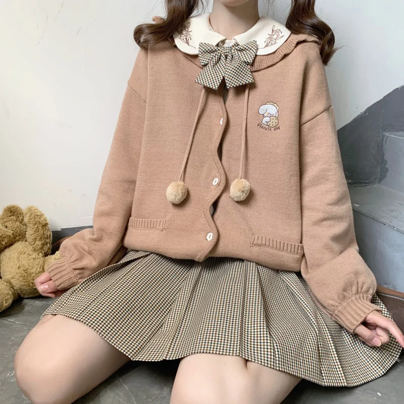 

Japanese Lolita Girl Cartoon Cookies Dog embroidery Cardigan Mori Girl Ruffles Trim Knitted Hooded Sweater Button Up Autumn Coat