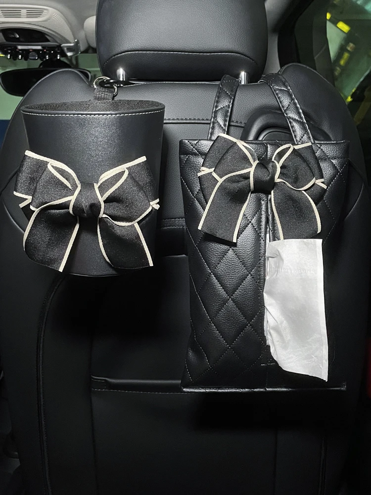 

Fashion Bowknot Cartoon Cute Hanging Multi-functional Car Storage Trash Can Car Interior Accessories