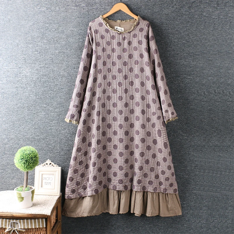

Autumn winter dress women 2020 sweet little fresh polka dot cotton linen dress long sleeve loose dress