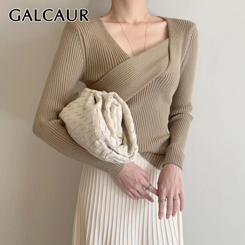 GALCAUR корейский Тонкий женский свитер с асимметричным воротником и длинным
