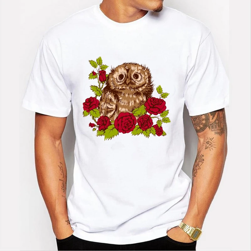 

TriDitya 50688# Cool Unisex T Shirt Owl and Rose Men's Tshirt Fashion O Neck Short Sleeve Tops Custom-made