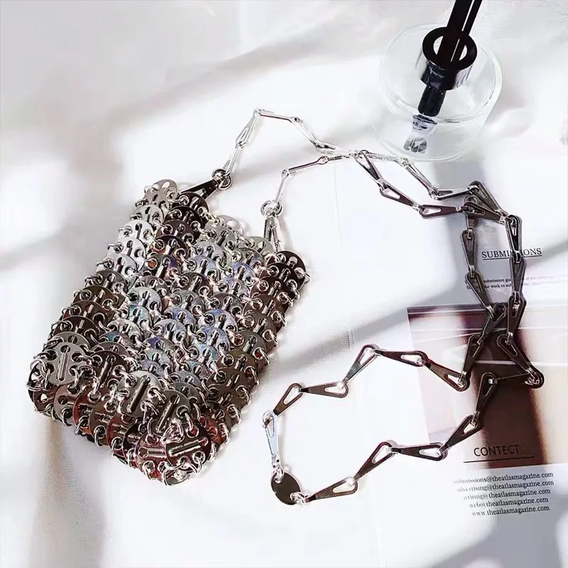 Luxury Designer Women Bags Pure Metal Sequins Chain Woven Bag Hollow Evening Clutch Female Travel Holiday Shoulder | Багаж и сумки