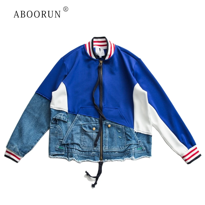 

ABOORUN 2021 Мужские Винтажные джинсовые лоскутные куртки, высококачественное потертое хлопковое пальто для мужчин