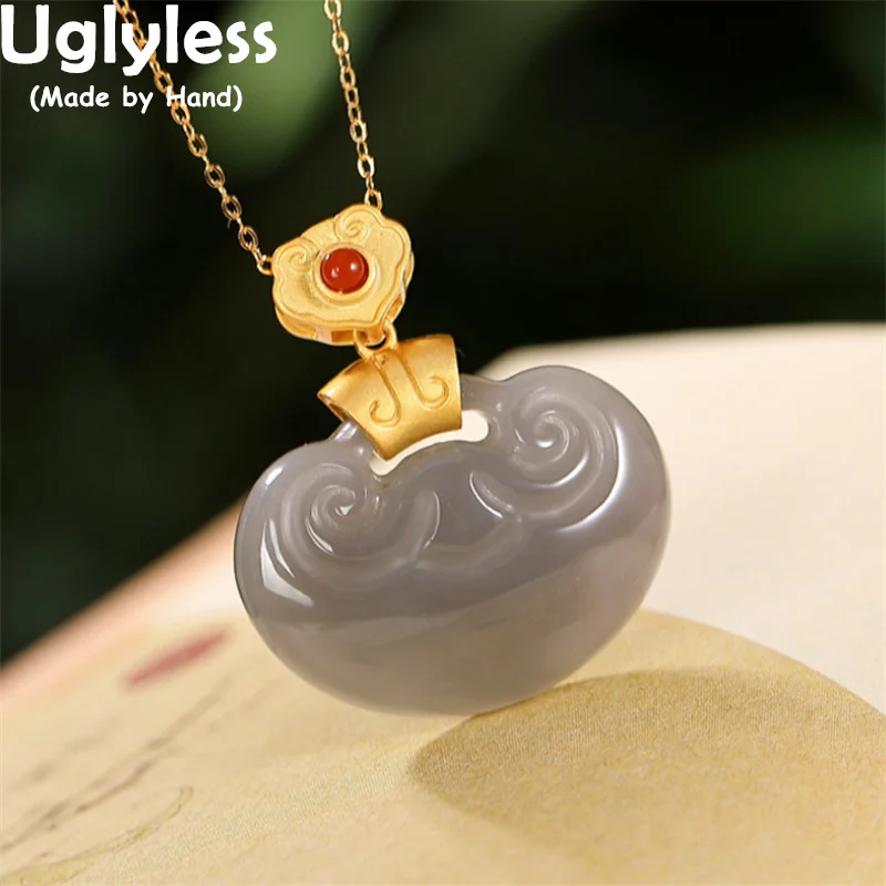 

Uglyless RUYI China Chic Natural Jade Gemstones Necklaces for Women Gold 925 Silver Vintage Jewelry Gems Heart Pendants + Chains