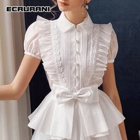 ecrurani patchwork bowknot shirts for women lapel puff short sleeve high waist lace patchwork solid blouses female clothing 2021