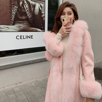 2020 winter x long female lovely pink wool coat with genuine fox fur collar and cuffs pashmina women outerwear