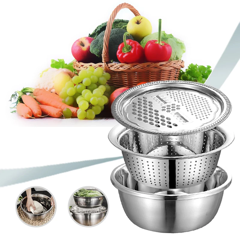 

Multifunctional Stainless Steel Basin with Grater Drain Basket 3 in 1 Vegetable Cutter Practical Kitchen Tool PR Sale