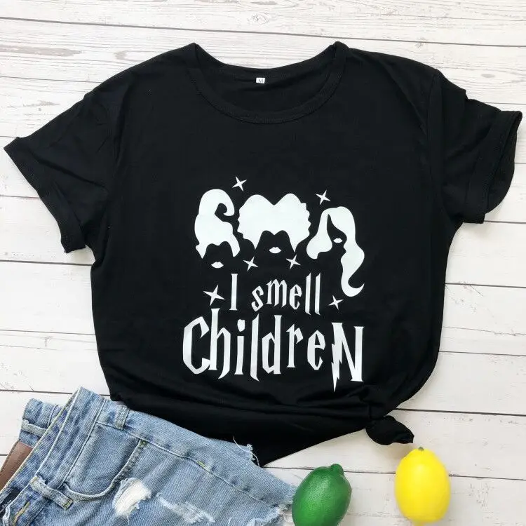 

Женская футболка из 100% чистого хлопка с принтом «Я чувствую запах», футболка с принтом на Хэллоуин, женская футболка с коротким рукавом, жен...