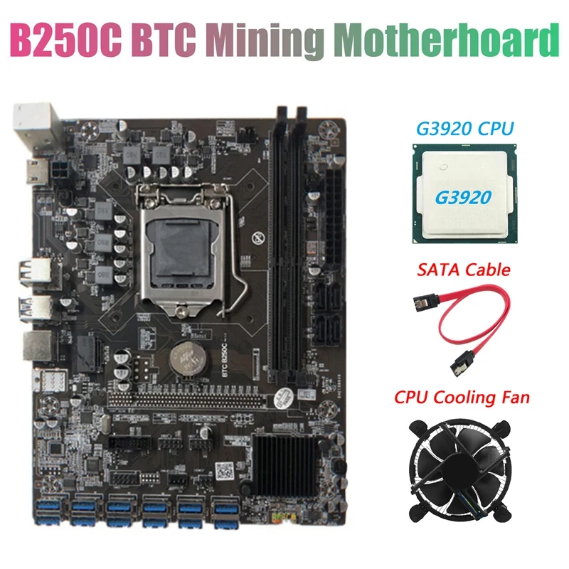 

B250C BTC Mining Motherboard with G3920 CPU+Fan+SATA Cable 12XPCIE to USB3.0 Graphics Card Slot LGA1151 Support DDR4 RAM