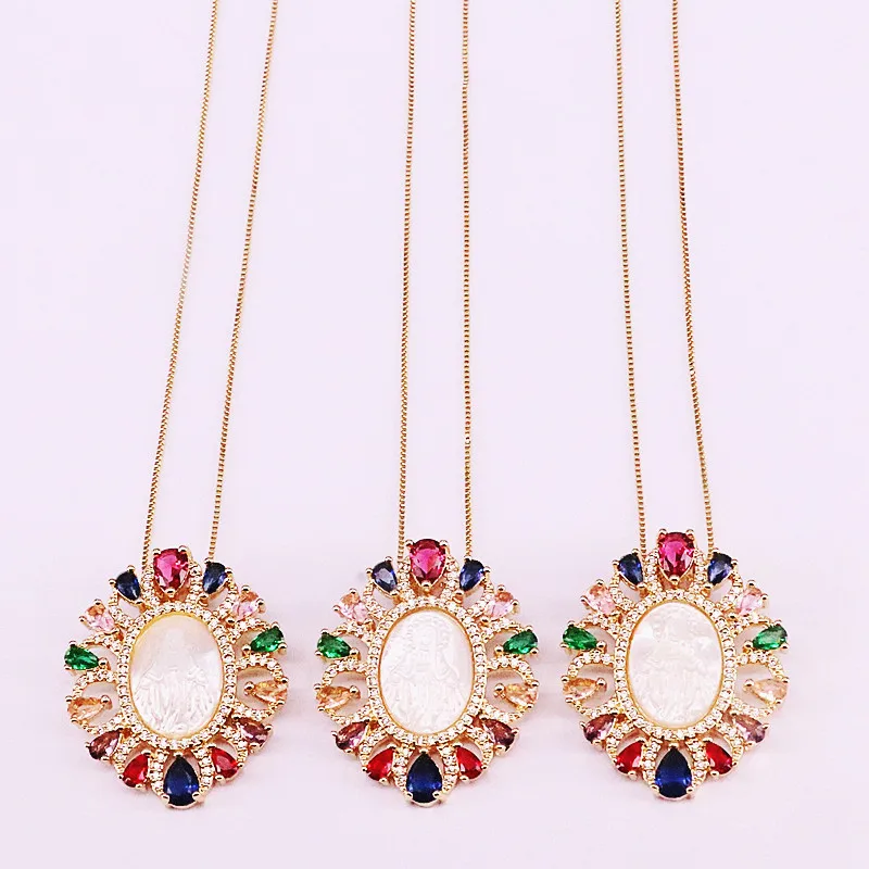 

3Pcs Fashion Rainbow Pendant Colorful Zirconia CZ Micro Pave Elegant Jesus / Virgin of Mary Shell Gold Filled Pendant Necklaces