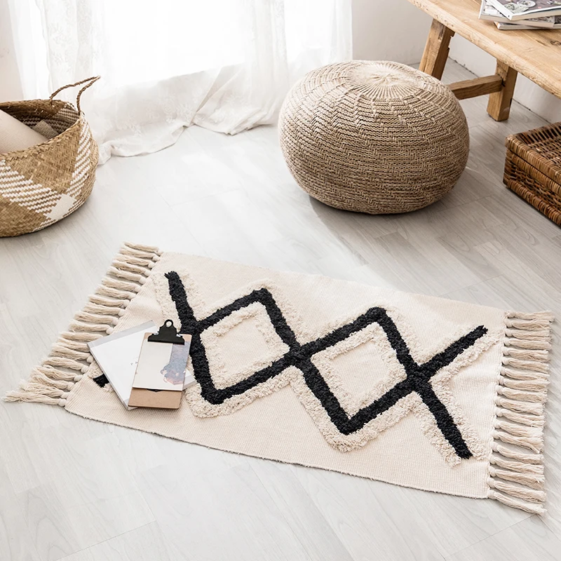 

Nordic Cotton Linen Floor Mat Bedroom Bedside Foot Mat Living Room Sofa and Coffee Table Personalized Creative Carpet Jute Rug