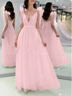Женское коктейльное платье без рукавов, розовое платье на тонких бретельках с бантом, глубоким V-образным вырезом и открытой спиной, для выпускного вечера, 2021