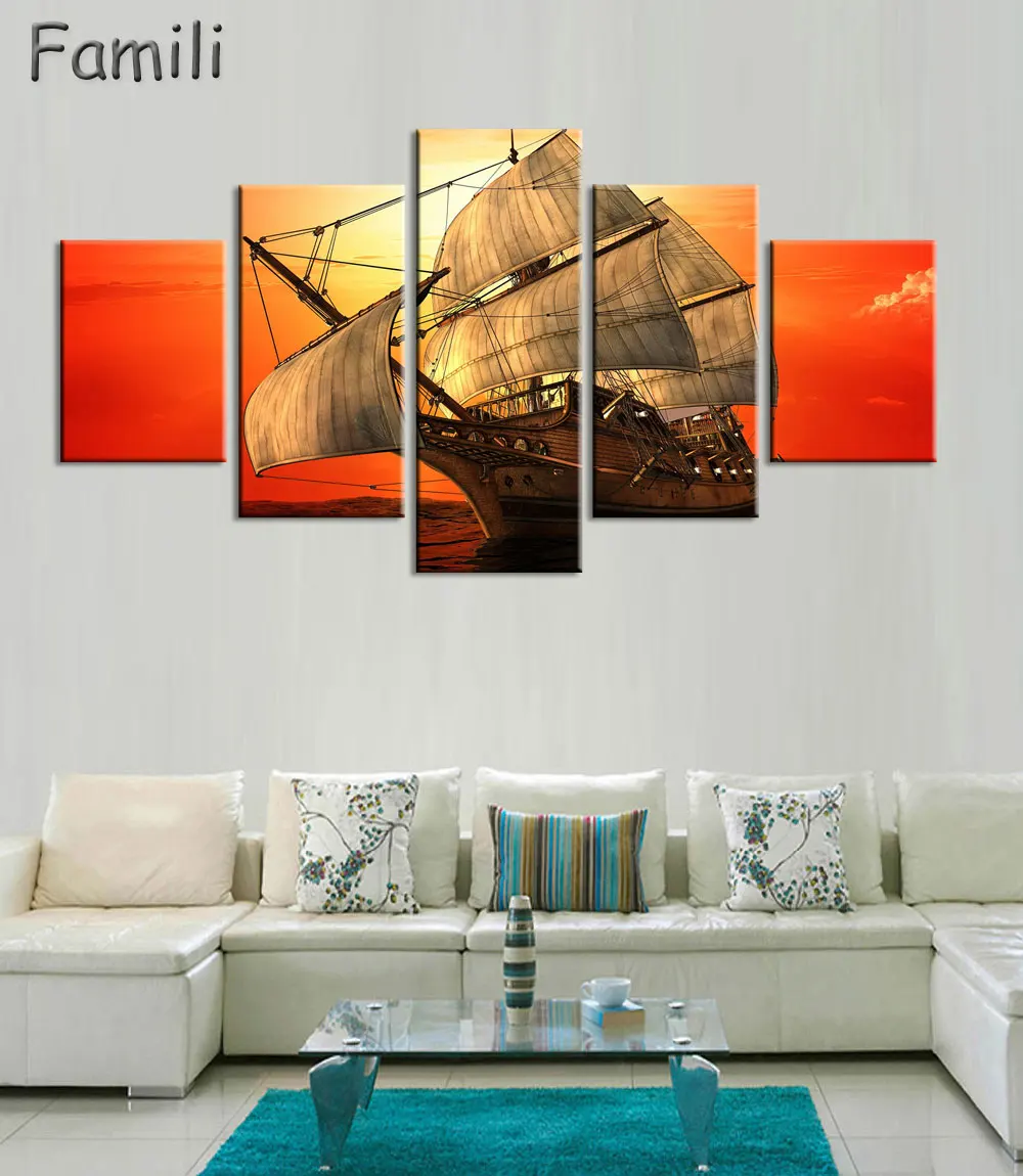 

5 панелей парусная лодка холст искусство настенные фотографии для гостиной современный плакат и напечатанный настенный Холст Искусство до...