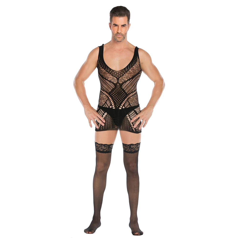 Пикантная Мужская жаккардовая майка без рукавов цельная сетчатая юбка