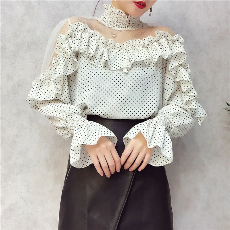 Женская шифоновая блузка в горошек с воротником-стойкой и расклешенными