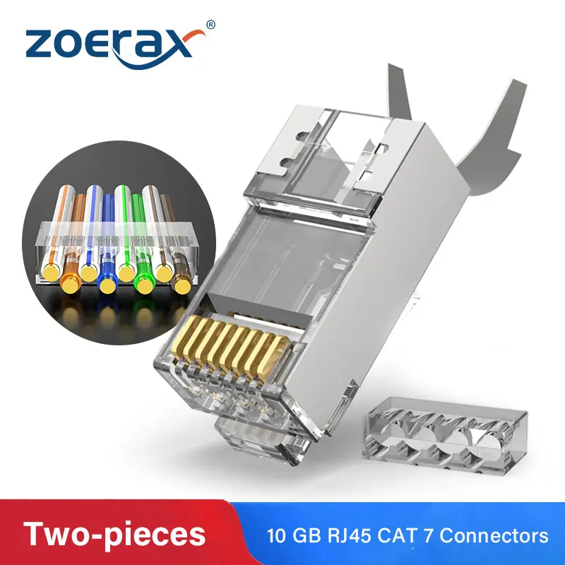 

ZoeRax 100PCS CAT7 Metal Shielded RJ45 Connectors Modular Plug - Cat 7 FTP 8P8C Network RJ 45 Cable Crimp Ethernet Connector